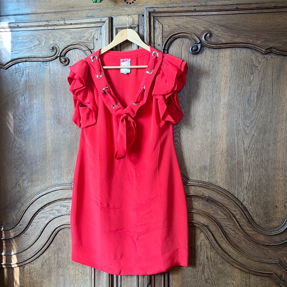 Yoana Baraschi Designer Unique Red Silk with Silver Garments Dress